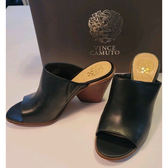 Vince Camuto Black Leather Platform Slide Wedge Wood Heel Sandals, Sz 7 Dormina - Picture 1 of 15